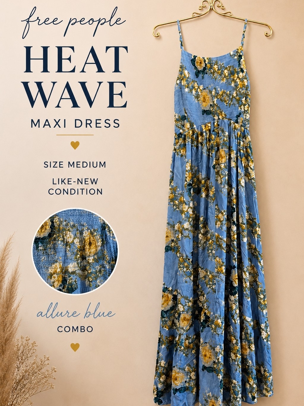 Free People Heat Wave Maxi Dress Allure Blue Combo Floral Smocked Boho Midi Sz.M - Picture 1 of 16